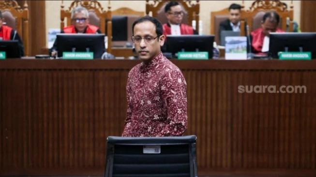 Former Education Minister Nadiem Makarim, defendant in the alleged Chromebook procurement corruption case linked to Indonesia’s education digitalisation programme, attends a follow-up hearing at the Jakarta Anti-Corruption Court on Wednesday (13 May 2026). [Suara.com/Alfian Winanto]